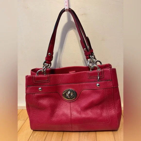 Coach Red Pebbled Leather Turnlock Tote Shoulder Bag Silver Hardware - Picture 1 of 11